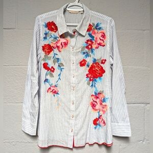 Soft Surroundings Embroidered Blouse Size M Lightweight Cotton Pinstripe